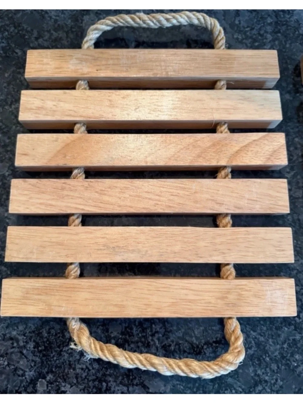 Vintage Dansk Solid Teak Wood Slat Trivets w/ Rope Handles Set of 2